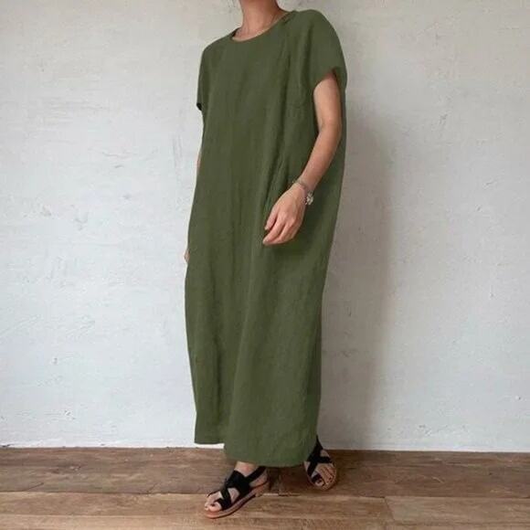 NEW Linen Soft Cotton Kaftan Short Sleeve Loose Casual Maxi Dress M Army Green - Picture 1 of 12
